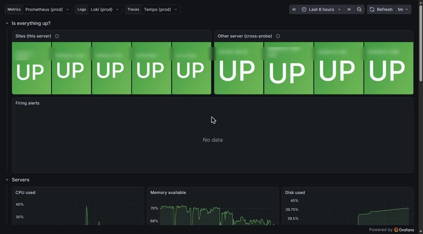 Platform overview: sites, the other server, firing alerts and host health at a glance